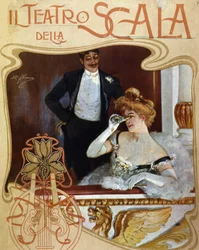Ett par platser i ett omklädningsrum på Teatro alla Scala. Den unga kvinnan iakttar scenen med en kikare. Illustration av Achille Beltrame.