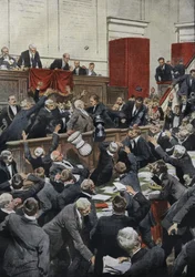 Ett stormigt sittande i den italienska deputeradekammaren under en budgetdebatt. MP Chiesa avbryter omröstningen genom att kasta valurnan. “La Domenica del Corriere”