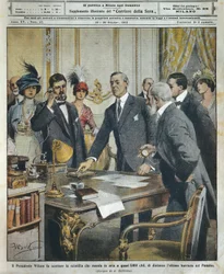 USA:s president Woodrow Wilson utlöser telegrafiskt sprängningen som rev den sista barriären i Panamakanalen 6000 kilometer bort, ur La Domenica del Corriere
