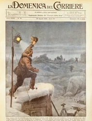Amerikansk upptäcktsresande, Richard E Byrd, får sällskap av följeslagare i Antarktis efter att ha varit ensam i fem månader, av Achille Beltrame, illustration, illustratör Achille Beltrame (1871-1945), från La Domenica del Corriere, 26 augusti 1934