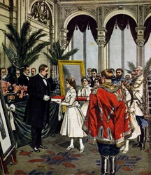 Årsdagen för författaren till Quo Vadis?, presentation av gåvor till Sinkievicz i Warszawa, illustration av Achille Beltrame, La Domenica del Corriere, nr 3, 20 januari