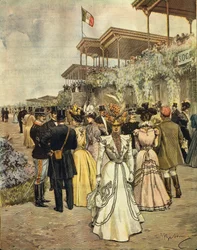 Vid hästkapplöpningar i San Siro (Milano), av Achille Beltrame (1871-1945), från La Domenica del Corriere, 4 juni 1899