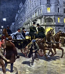 Attack mot den tyske kejsaren Wilhelm II (1859 - 1941) under hans bussresa till Bremens station, på kvällen den 6/03/1901. Illustration av Beltrame. Domenica del corriere. 1901-06-17.