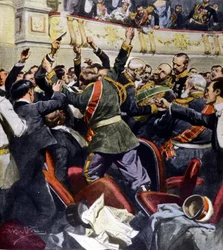 Attack mot den ryske ministern Stolypin i den kommunala teatern i Kiev. Illustration av Beltrame