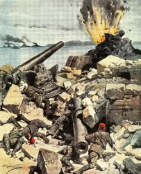 Slaget vid Dardanelles, anglo-fransk flotta förstör Dardanelles fort för att bryta sundet och anlända till Konstantinopel, av Achille Beltrame (1871-1945), illustration från La Domenica del Corriere, 14-21 mars