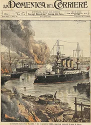 Slagskeppet Potemkin bombarderar Odessa, av Achille Beltrame, illustration, illustratör Achille Beltrame (1871-1945), från La Domenica del Corriere
