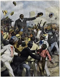 Boxaren Jack Johnson anlände till Chicago 1910. Illustration av Achille Beltrame för La Domenica del Corriere””.