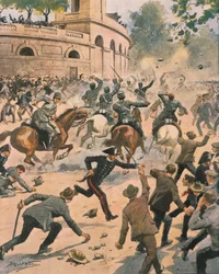 Sammandrabbningar framför Arena under generalstrejk i Milano, illustration av Achille Beltrame från La Domenica del Corriere, juni 1914