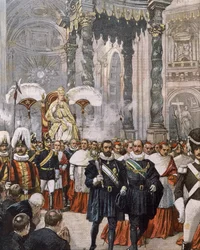 Kröningen av påve Pius X i Peterskyrkan, Vatikanen, illustration av Achille Beltrame ur La Domenica del Corriere