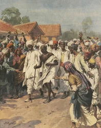 Omslag som illustrerar Gandhi och åttio martyrer på väg mot saltpanna i Jalalpur, illustration