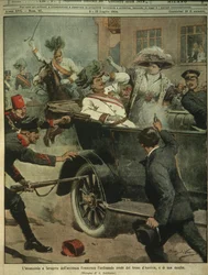 Omslagsillustration av mordet på Österrikes ärkehertig Franz Ferdinand, arvtagare till den österrikisk-ungerska tronen, Sarajevo