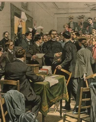 Omslagsillustration av Maxim Gorkys ankomst till ryska revolutionärers möte; London, England