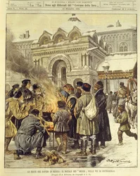 Omslagsillustration av Mujiks som firar jul på gatorna i Sankt Petersburg Ryssland