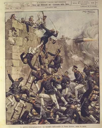 Omslagsillustration av belägringen av Port Arthur i Kina under det rysk-japanska kriget 1904-1905