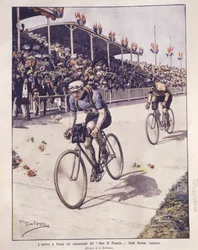 Omslagsillustration av Tour de France-åkarnas ankomst, med Petit-Breton-vinnaren; Paris, Frankrike