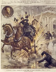 Omslagsillustration av mordet på storfurst Sergej Aleksandrovitj Romanov genom en terroristbomb i Moskva, Ryssland