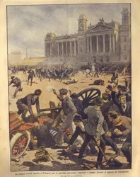 Omslagsillustration av striderna på Parliament Square under Budapest-upproret
