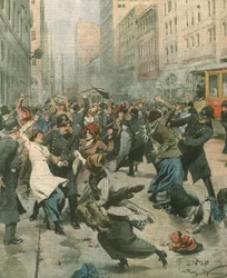 Omslagsillustration av kvinnor som protesterar mot arbetslöshet på gatan; New York, USA