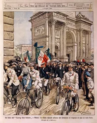 Cyklister som paraderar vid Arch of Peace, italienska Touring Club-firandet i Milano, Italien, illustration av Achille Beltrame från La Domenica del Corriere, 4 juni