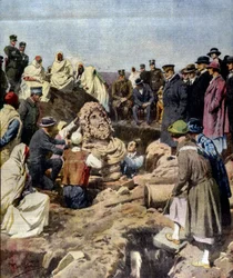 Upptäckten av en byst av Jupiter vid Sabratha i Libyen 1925. illustration av Achille Beltrame