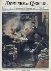 Död i sitt laboratorium i Neapel av Giuseppe Mercalli (1850 -1914), italiensk seismolog och vulkanolog. Illustration av Achille Beltrame för "" La domenica del corriere""". 1914.