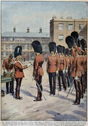 Distribution av klöver för Saint Patrick (Irlands beskyddare) av irländska regementen, England - teckning av A. Beltrame, i "La Domenica del Corriere""