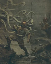 Dykare som attackeras av jättebläckfisk under dyket, av Achille Beltrame, illustration, illustratör Achille Beltrame (1871-1945), från La Domenica del Corriere, 25 oktober 1908