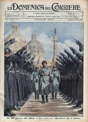 Duce Benito Mussolini inspekterar den frivilliga milisen för nationell säkerhets "musketörer" i Rom. Illustration av Achille Beltrame i "La Domenica del Corriere", 14/02/1937.
