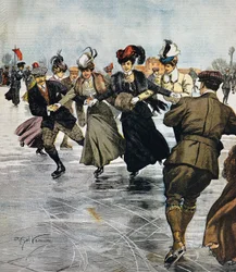 En vogue tidsfördriv, skridskoåkning, illustration av Achille Beltrame (1871-1945), från La Domenica del Corriere, 27 januari