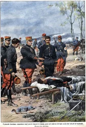 Avsnitt av kriget 1914: General Noel Edouard de Curieres de Castelnau (1851-1944), befälhavare för den franska armén i Lorraine, svär på sin döde sons kropp att hämnas honom. Illustration av Achille Beltrame i "" La Domenica del Corriere""