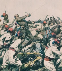 Etiopiskt anfall mot garnisonen i Lugh och dödandet av kapten Bongiovanni, av Achille Beltrame, illustration, Achille Beltrame (1871-1945), ur La Domenica del Corriere