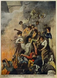 Brand i stor amerikansk textilfabrik: arbetare i trapphus, illustration av Achille Beltrame (1871-1945), från La Domenica del Corriere, 10 augusti