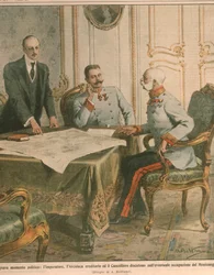 Frans Josef I, kejsare av Österrike, diskuterar ockupationen av Montenegro, omslagsillustration ur La Domenica del Corriere
