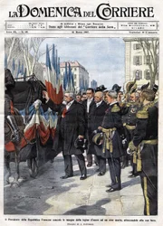 Frankrikes president Armand Fallieres (1841 - 1931) överlämnar hederslegionens medalj till en hjälte som dog i strid. Ill. de Beltrame. La Domenica del Corriere. 31/03/1907.