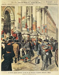 Allmänna val i Milano: konfrontationer mellan människor som hänger upp politiska affischer i Milano, av Achille Beltrame (1871-1945), från La Domenica del Corriere