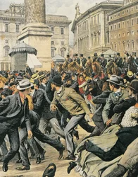 Allmän arbetarstrejk i Rom, av Achille Beltrame, illustration, illustratör Achille Beltrame (1871-1945), från La Domenica del Corriere