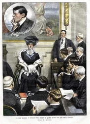 Harry Thaws rättegång i New York 1907. Harry Thaw, son till en familj av storindustriella, dödade 1906 arkitekten Stanford White, hans hustru Evelyns tidigare älskare. Omslag till Domenica del Corriere den 3 mars 1907, illustration av Achille Beltrame