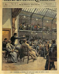 Hur man organiserar strejker, arbetskammarens session i Milano, illustration av Achille Beltrame från La Domenica del Corriere, 23 mars