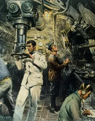 Interiör av ubåt, av Achille Beltrame (1871-1945), illustration från La Domenica del Corriere, 28 december