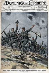 Italiensk armé segrar över österrikisk-ungerska trupper på Karstbergen i Slovenien. Italienarna tog sig alltså framåt mot Trieste. Ill. de Beltrame. La Domenica del Corriere. 06/1917.
