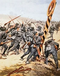 Italienska soldater som korsar den österrikiska gränsen, av Achille Beltrame (1871-1945), illustration från La Domenica del Corriere, juni 1915
