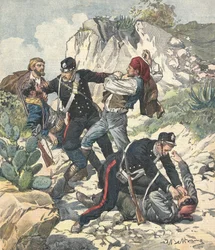 Italien (1902). Carabiniers arresterar en bandit och hans gäng i Trapani. Illustration av Achille Beltrame från "" Domenica del Corriere"" (23 februari