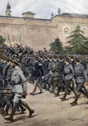 Italiens nya milis: volontärer i civila kläder under en militärparad den 11 november i Milano. Ill. de Beltrame. La Domenica del Corriere. 11/1914.