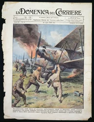 Japansk kommandoattack på den kinesiska flygplatsen Nanchang, skylt av Achille Beltrame (1871-1945) från tidningen La Domenica del Corriere, 31 juli