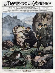 Prins Albert I av Monaco jagar stenbock, kung Victor Emmanuel III av Italien jagar stenbock. omslag till The Domenica del Corriere den 14 augusti