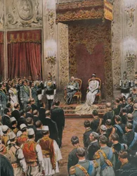 Kung av Italien, Vittorio Emanuele III av Savojen, kröns till kung av albanerna, av Achille Beltrame, illustration, illustratör Achille Beltrame (1871-1945), från La Domenica del Corriere