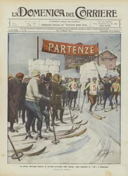 Den första italienska vinterturismkaravanen på Spluga, nationella skidlopp i Madesimo
