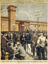 Storskalig byggarstrejk i Milano: Offentligt möte på den stora innergården till slottet Sforzesco, av Achille Beltrame (1871-1945), från La Domenica del Corriere, 26 maj 1901