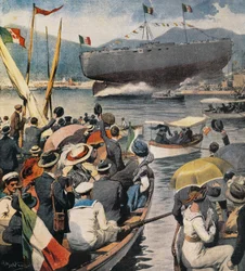 Sjösättning av slagskeppet Andrea Doria från Arsenale i La Spezia, panel av Achille Beltrame (1871-1945), La Domenica del Corriere, 6 april