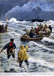 Sänkningen av ångfartyget Planier nära Bouches du Rhône: räddningsmännen tar tillbaka passagerarna. Illustration av Beltrame. Domenica del corriere. 1901.